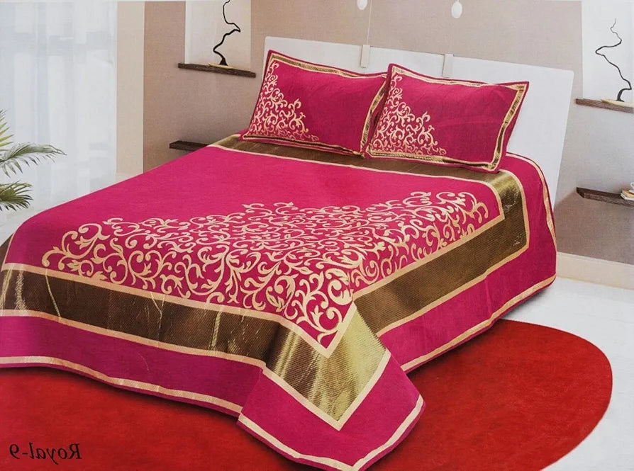 Fresh From Loom Chenille Velvet Abstract 500 TC Heavy Bedsheet for Double Bed King Pink Color with 2 Pillow Covers Half Trangle Pink