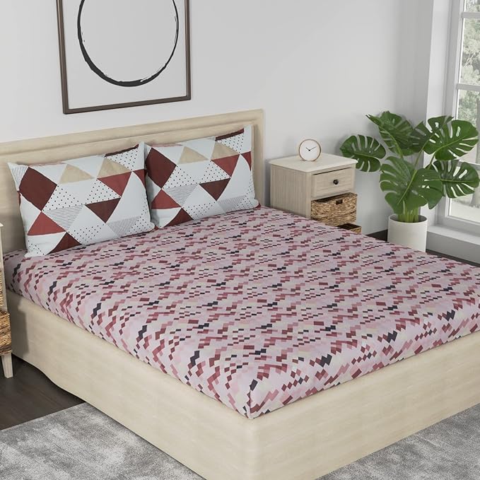 Huesland by Ahmedabad Cotton 186 TC Bedsheet for King Size Bed with 2 Pillow Covers | Brown, Brick & White