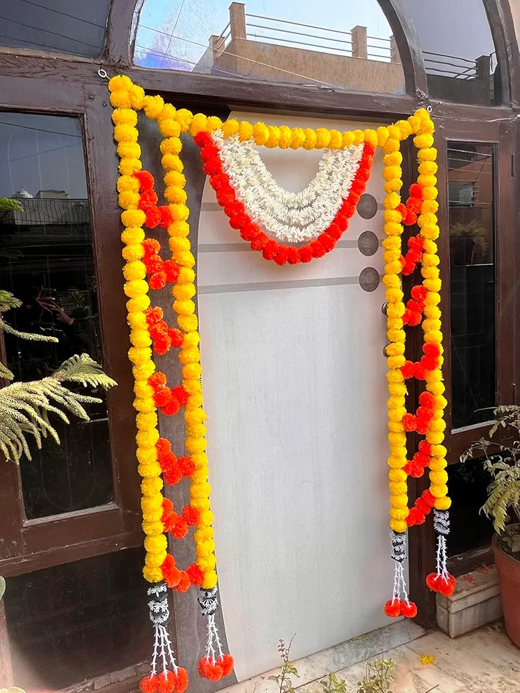 Artificial Marigold Bandhanwar with Gajra & Tuberose Strings 40 Inch Yellow Mango Flower Toran Gajra Marigold Tuberose Strings Bandanwar