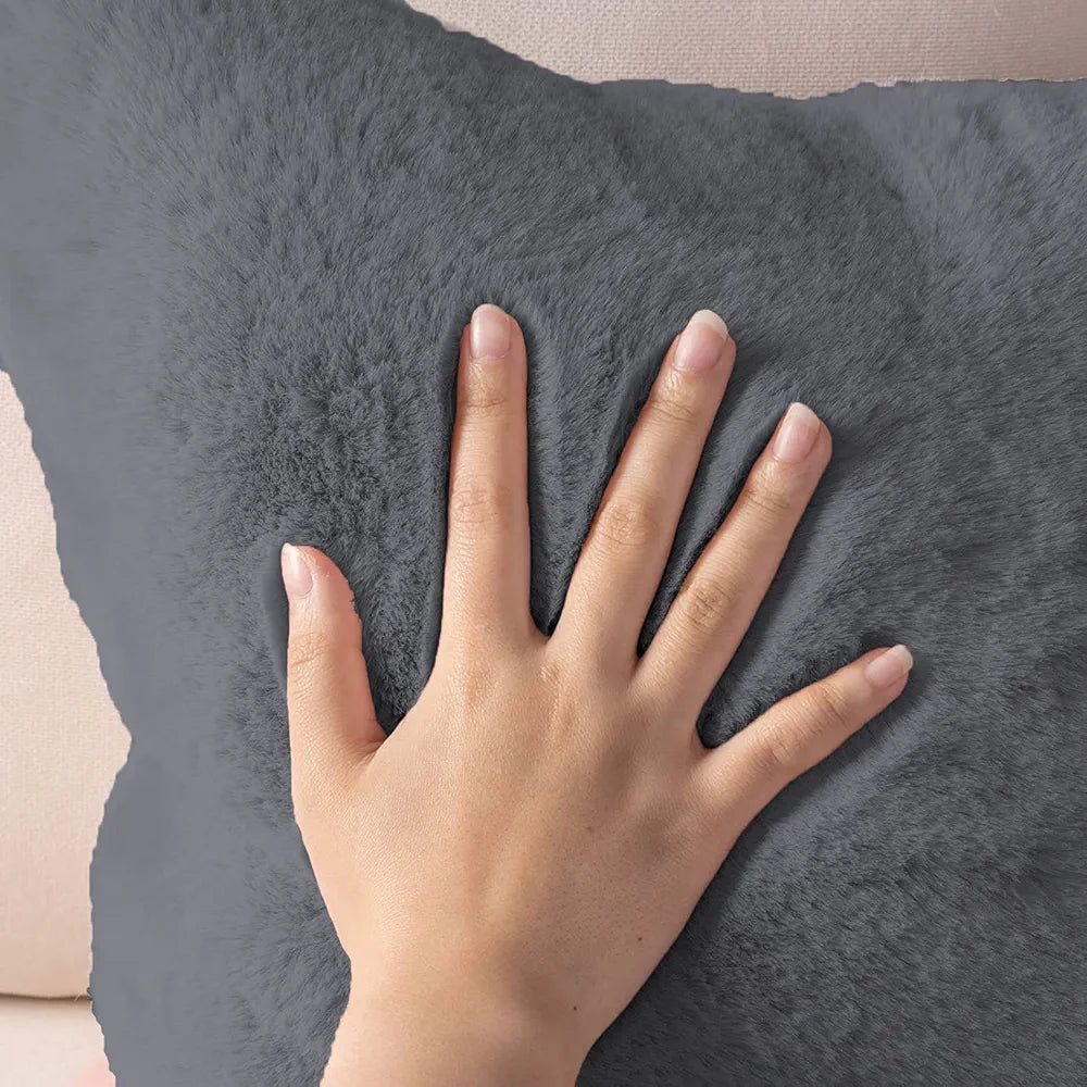 Luxe Home Cushion Cover One Side Rabbit Fur Plain Design Covers Set of 2 Colour Grey
