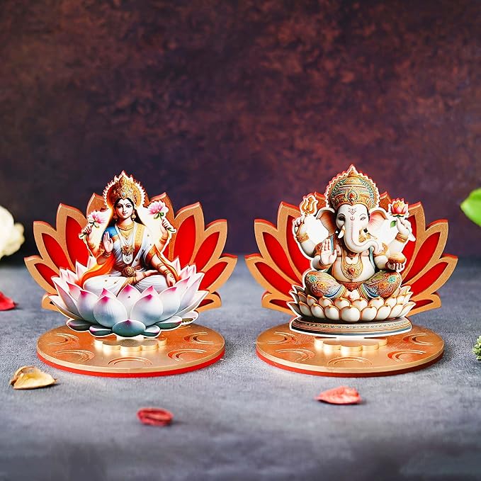 Ecraftindia Set of 2 Mdf Wooden Goddess Lakshmi and Lord Ganesha Sitting on Lotus Flower Decorative Showpieces