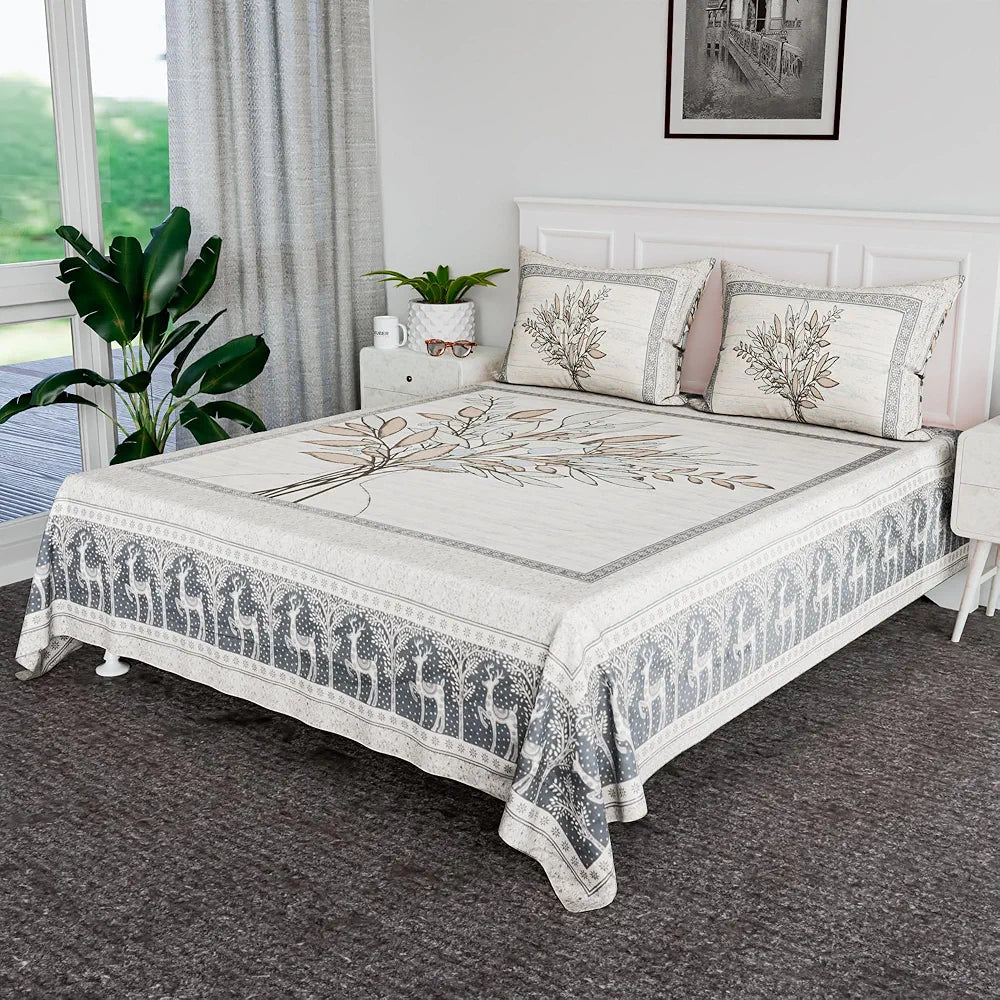 Kuber Industries Cotton Bedsheets for Double Bed with 2 Pillow Covers Photo Frame Tree Print Blue