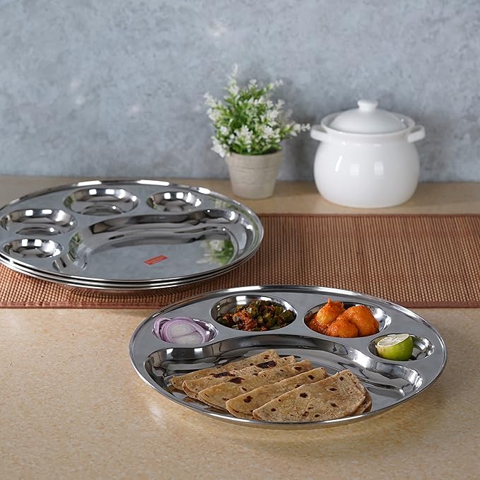 Sumeet Stainless Steel Round 5 in 1 Compartment Lunch Big Plates Set of 4Pcs 34cm Silver