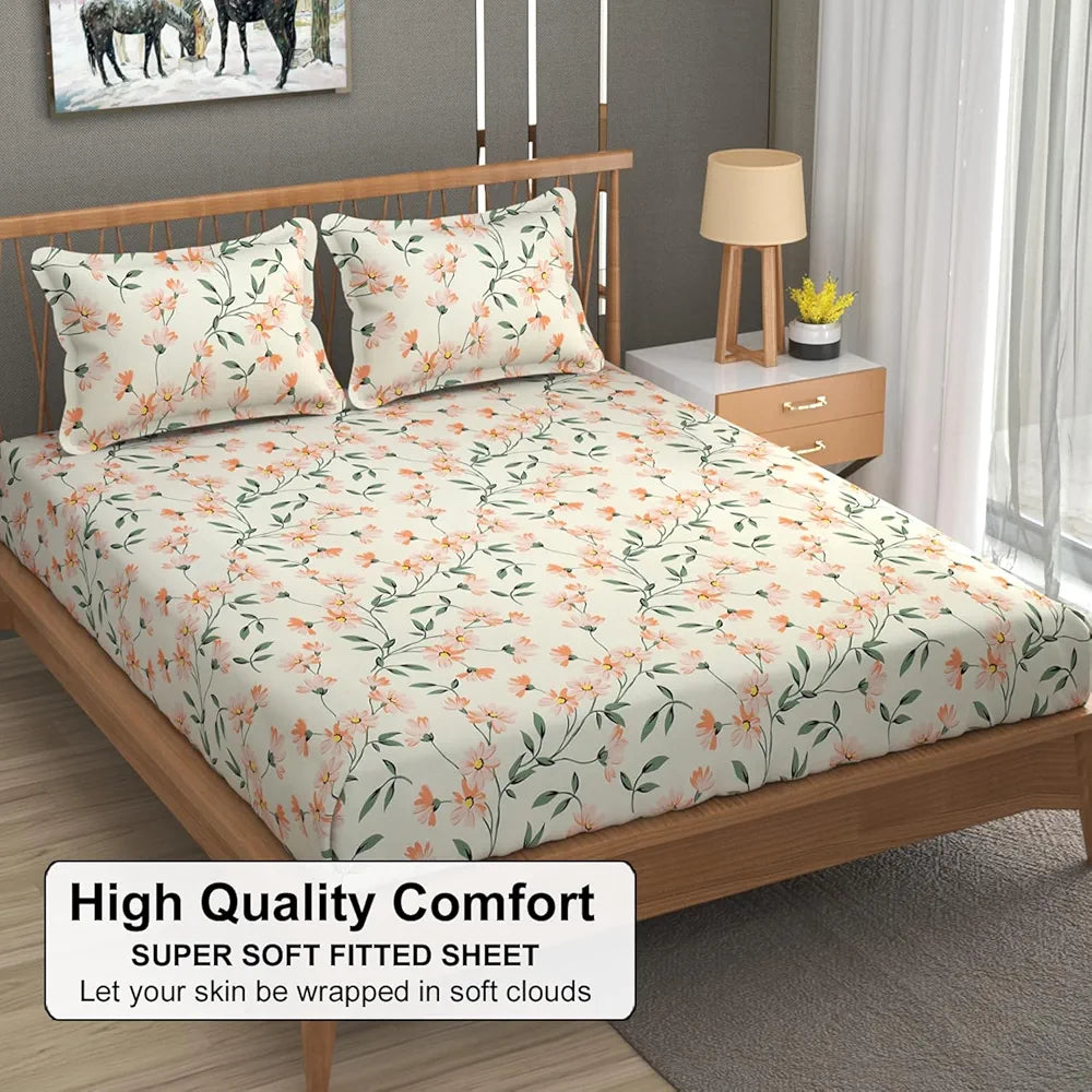 Fresh From Loom King Size Microfiber Floral Print Fitted Bedsheet 240 TC Hypoallergenic Includes 2 Pillow Covers Barely-Peach Barely-Peach