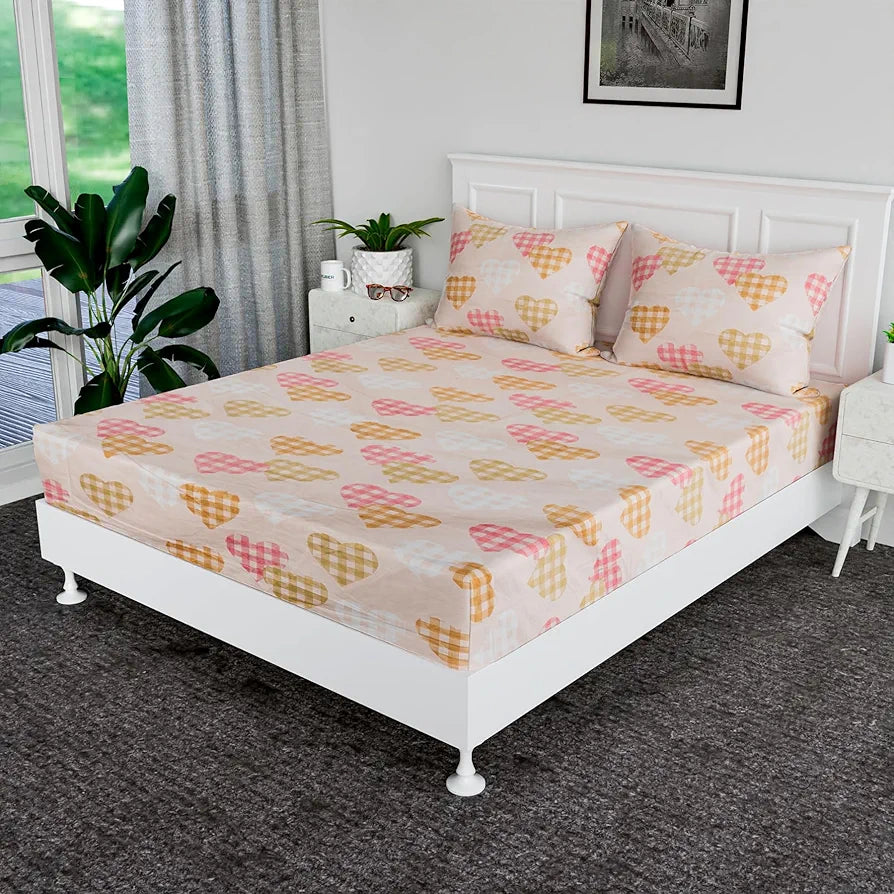 Kuber Industries Double Bedsheet Premium Cotton with 2 Pillow Covers Heart-Design Bedsheet Pink