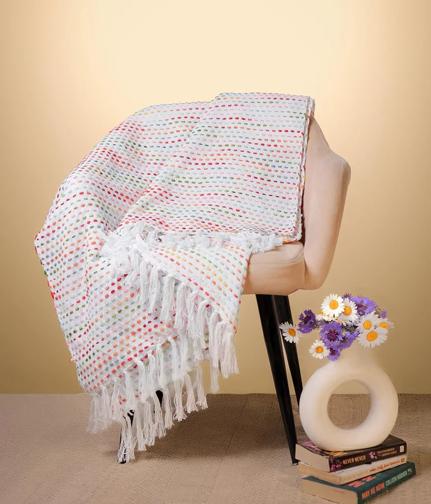 Sajavat Home Hand Knitted Pure Cotton 3 Seater Sofa Throw Colour Parchment MultI