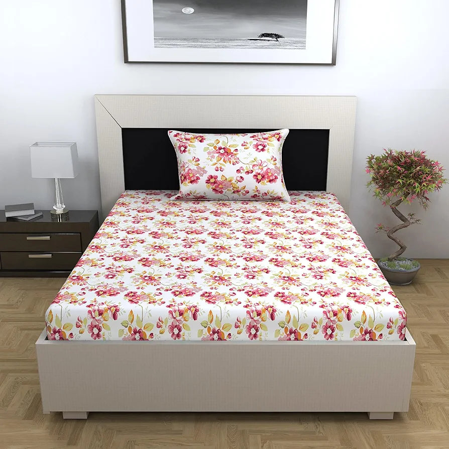 Divine Casa 144 TC 100% Cotton Bedsheet for Single Bed with 1 Pillow Cover Colour Blush Pink