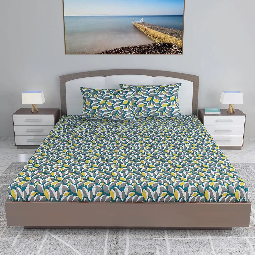 Divine Casa Floret 100% Cotton King Fitted Bedsheet 144 TC Deep Pocket Design Soft & Breathable Fabric Colour Woody Petals