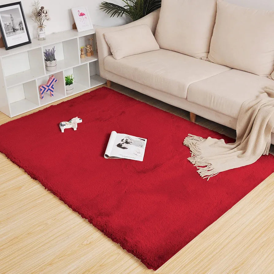 Luxe Home International Rabbit Fur Rectangular Carpet Soft Anti Slip Skid Ruffle Mats 4X6 Feet  Colour Maroon