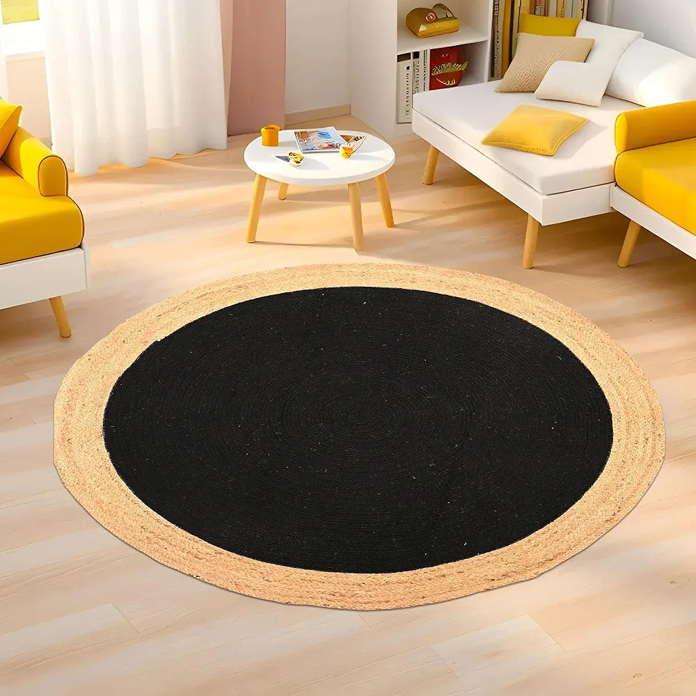 Kuber Industries 4x4 Feet Round Jute Rug & Carpet for Home Bedroom Beige & Black