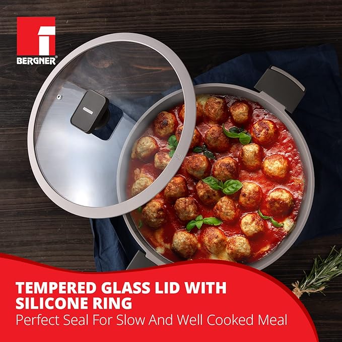 Bergner Gastro Non-stick Kadai With Glass Lid 30cm | Induction Base & Ergonomic Soft Touch Handles