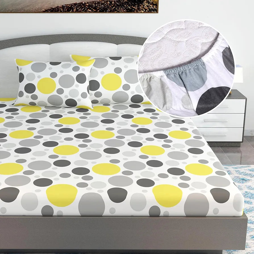 Divine Casa 144 TC Polka Print Yellow Skin Friendly 100% Cotton Elastic Fitted Bedsheets King Size Colour Quarry
