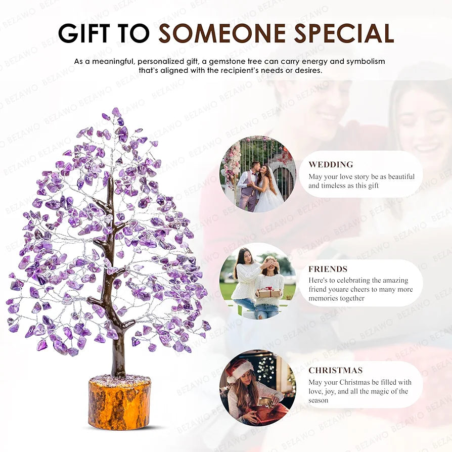 Bezavo Amethyst Gemstone Crystal Tree – Good Luck Showpiece for Home Decor Bonsai Money Tree for Prosperity & Decoration – 10-12 Inch