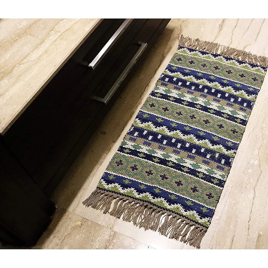 The Home Talk Handmade Cotton Tribal Carpets Area Rugs for Bedroom Multicolor Beige