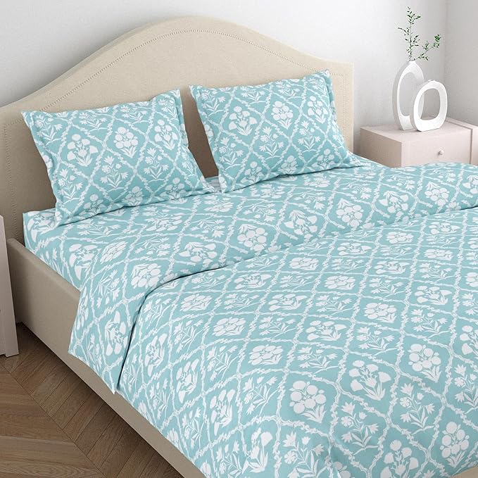 Haus & kinder Cotton Queen Size Bedsheet for Double Bed (90 X 100 Inches) with 2 Pillow Covers | 186 TC | Blue & White