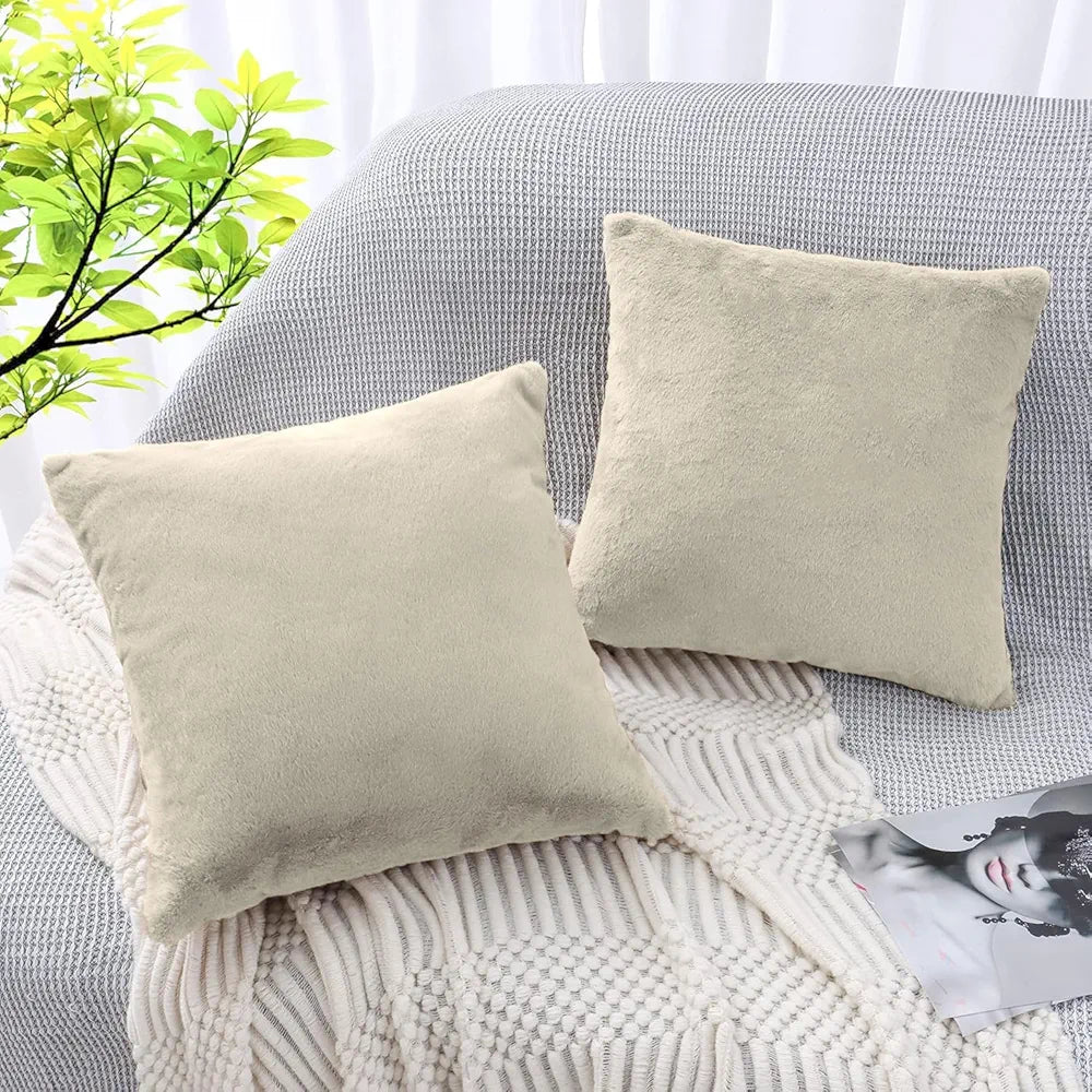 Luxe Home Cushion Cover Duble Side Rabbit Fur Plain Design Covers Set of 2 for Sofa BedColour Beige