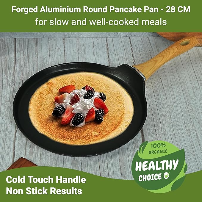 Femora Foged Die Cast Aluminium Non Stick 28 Cm Roti Tawa With Wood Finish Handle | Granite Finish | Induction & Gas Ready