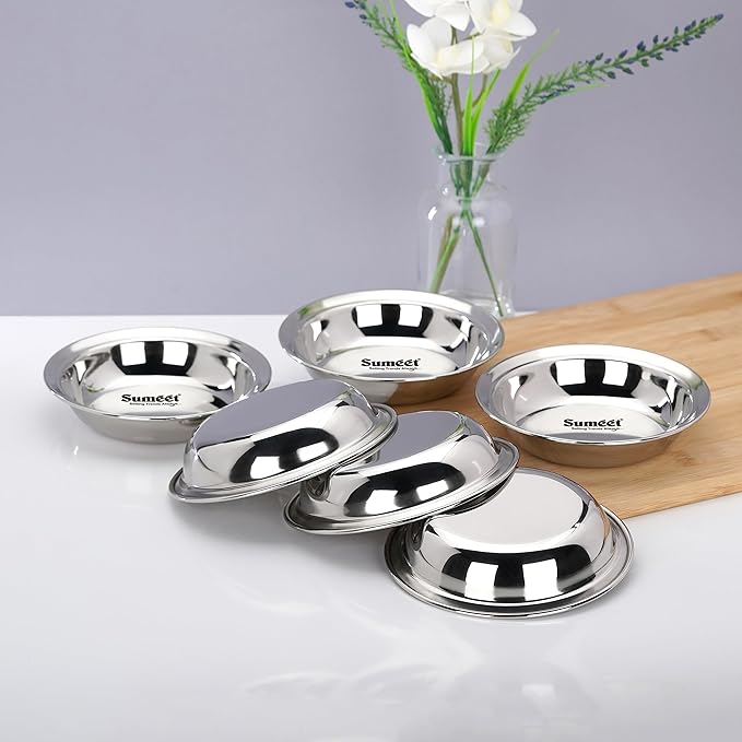 Sumeet Stainless Steel Heavy Gauge Multi Utility Serving Plates with Mirror Finish 16.5cm Dia Set of 6pc Silver