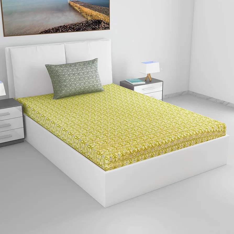 Divine Casa 144 TC 100% Pure Cotton Single Bedsheet with 1 Pillow Cover Ikat Diamond Print Colour Mustard Yellow