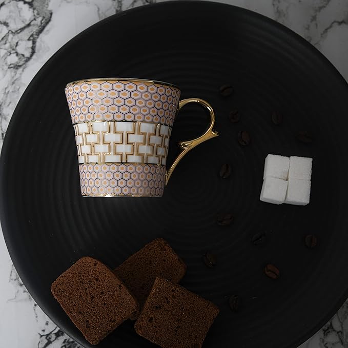 Femora Honey Comb on Golden Mugs, Ceramic Tea Cups, Coffee Mugs | 160 Ml | Golden | 6 Pieces Set | Not Microwave Safe
