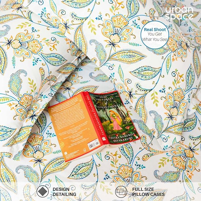 Urban Space Serene Cotton Floral Bedsheet For Double Bed With 2 Pillow Covers (Colour Iris Blue)