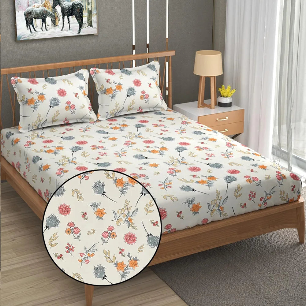 Fresh From Loom Floral Print 240 TC Microfiber King Size Fitted Bedsheet Set with 2 Pillow Covers Pastel Cream