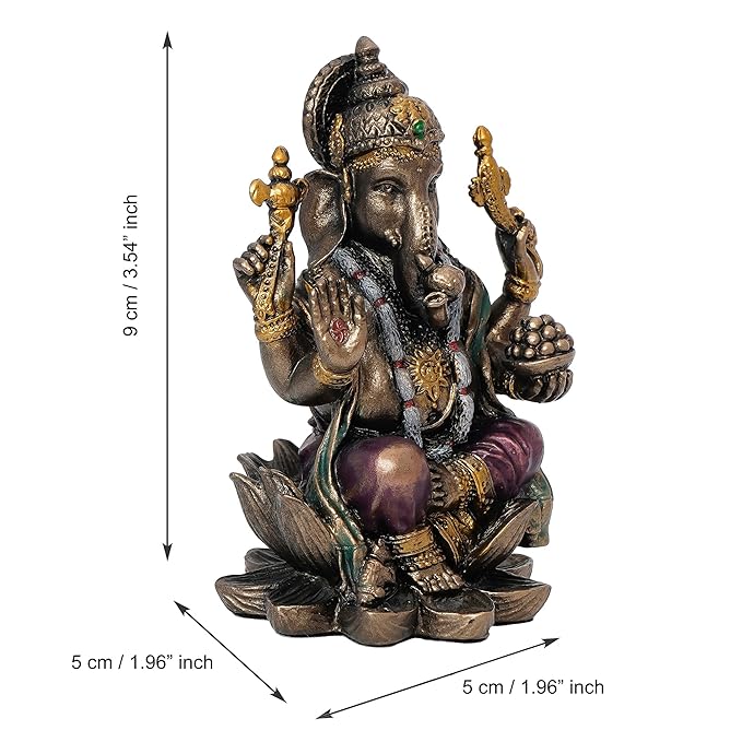 Ecraftindia Resin Bronze Chaturbhuj Lord Ganesha Idol Sitting on Lotus Flower | Ganesha Statue for Puja Room