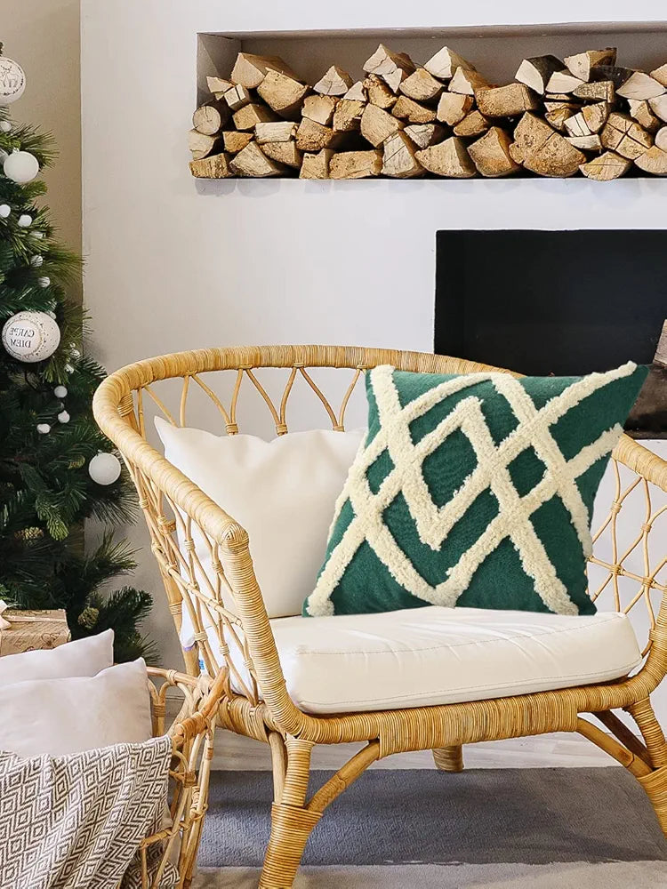 Sashaa World Cotton Cheer Tufted Cushion Cover Ideal For Sofa Ivory & Green