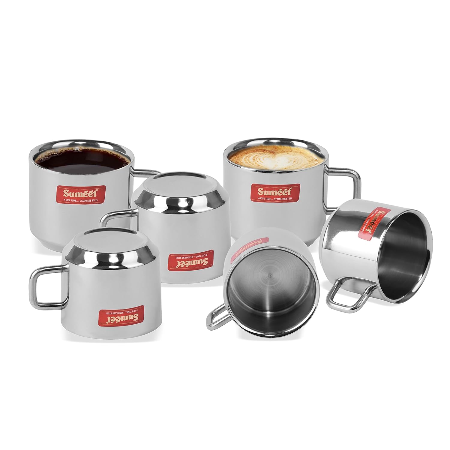 Sumeet Stainless Steel Double Wall Tea and Coffee cups set of 6Pcs (120 ml Each)