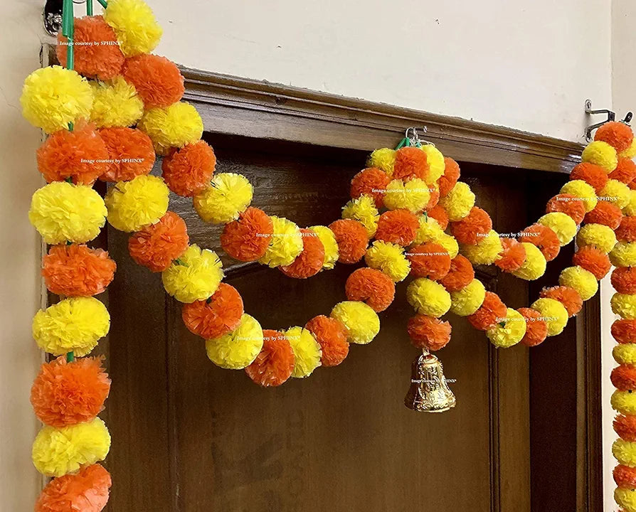 Artificial Marigold Fluffy Flowers Garlands Double line Door Toran Set Yellow & Dark Orange