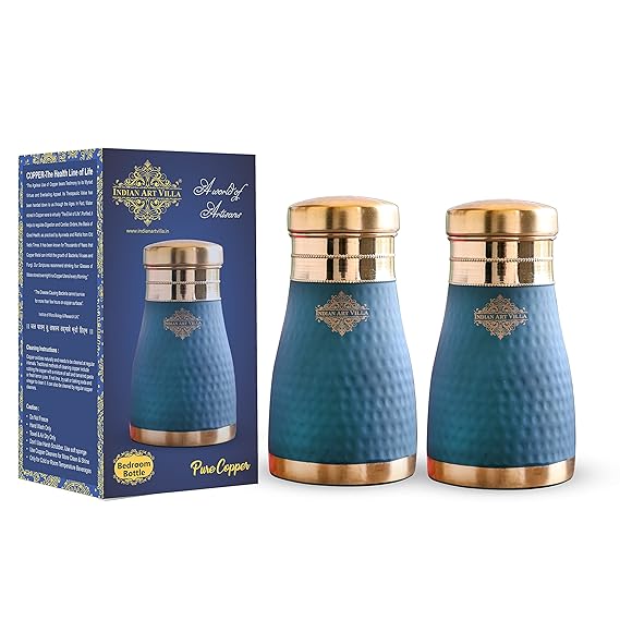Indian Art Villa Pure Copper Bedroom Bottle With Inbuilt Glass Grey Silk Finish Hammered Design