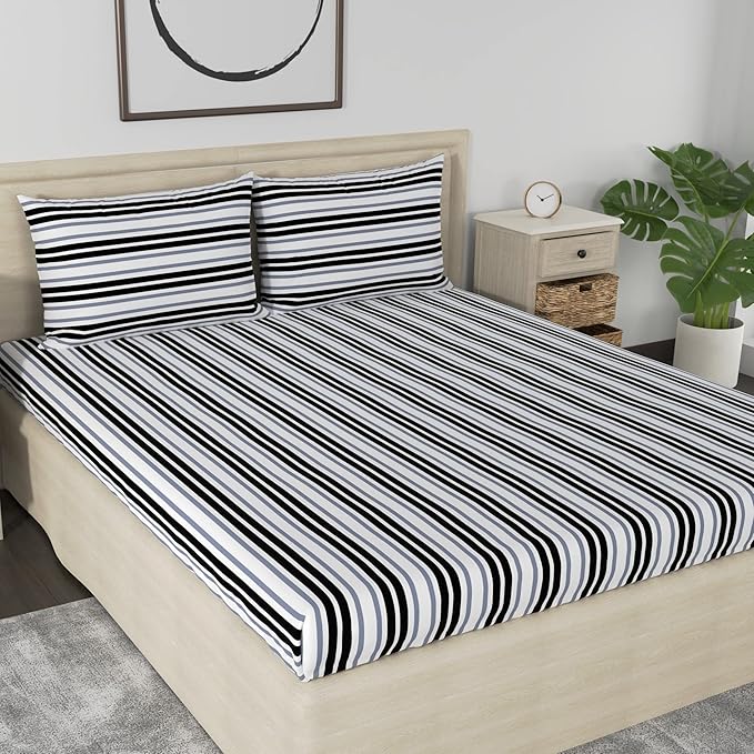 Huesland by Ahmedabad Cotton 186 TC King Size Bedsheet Cotton with 2 Pillow Covers | Stripes Black & Grey