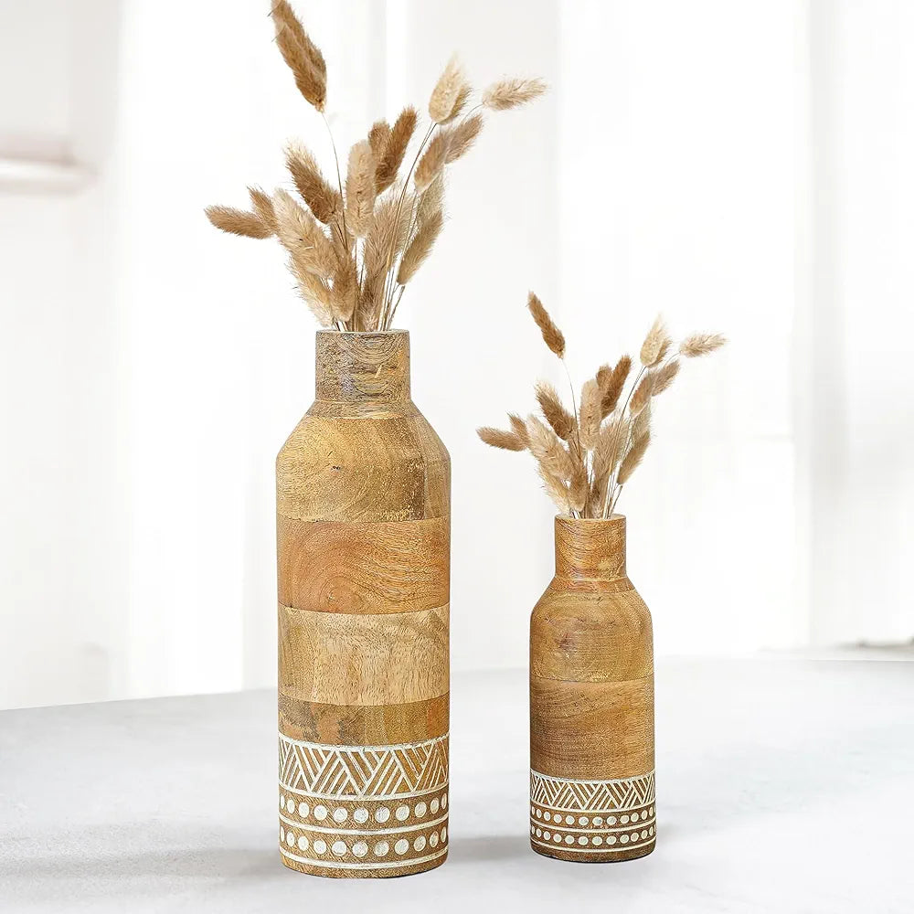 Behoma Boho Engraved Design Wooden Flower Vase Set of 2 Bottle Shape Natural Light Brown Finish Flowers not Included