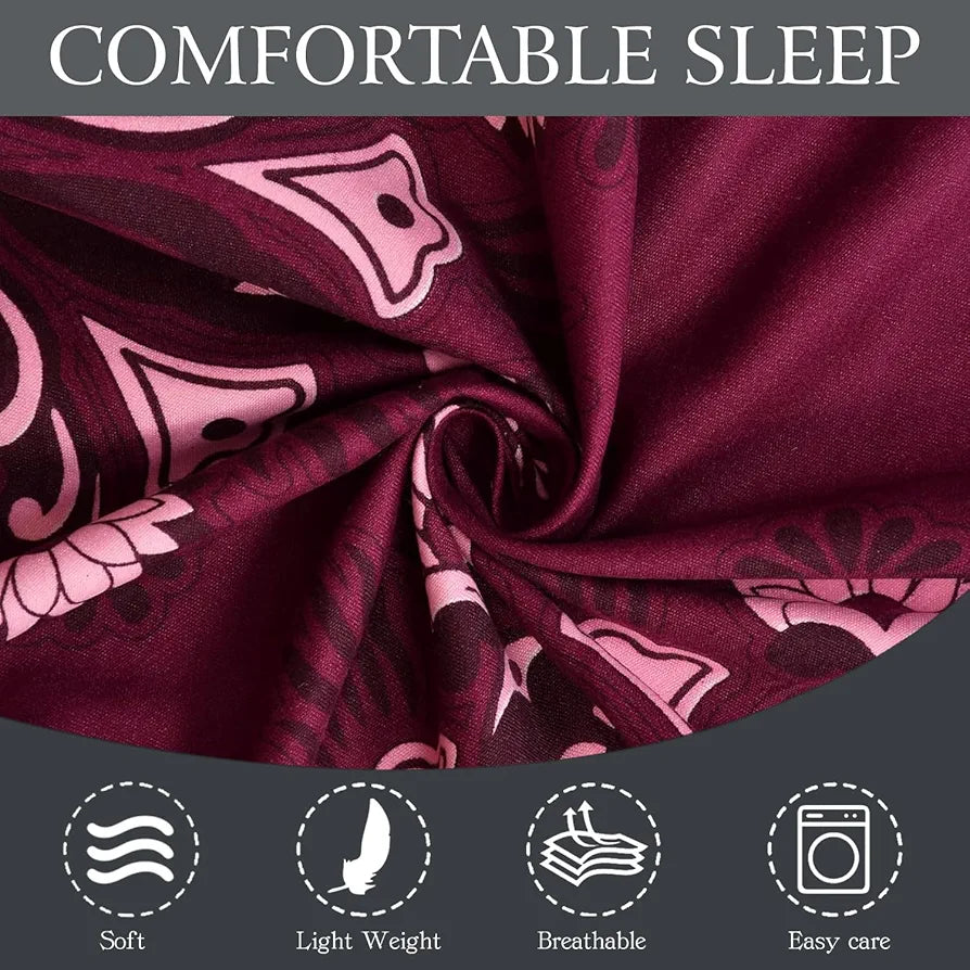 Fresh From Loom Floral Single Bedsheet Size Microfiber Bedsheet Set-Printed Hypoallergenic Wrinkle Free with 2 Pillow Covers 144 TC Wine