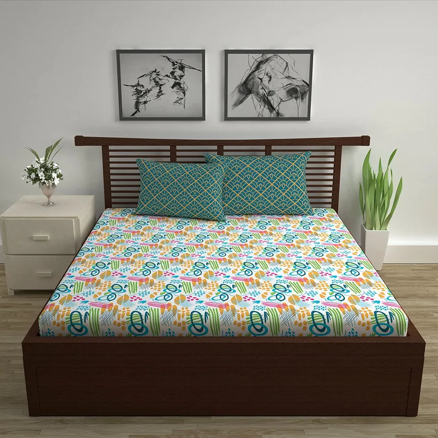 Divine Casa 144 TC Cotton Bedsheet for Double Bed with 2 Pillow Cover Colour Teal & Mustard