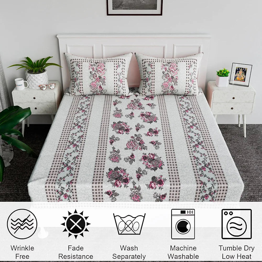 Kuber Industries Cotton Bedsheets for Double Bed with 2 Pillow Covers Spain Flower Lining Green