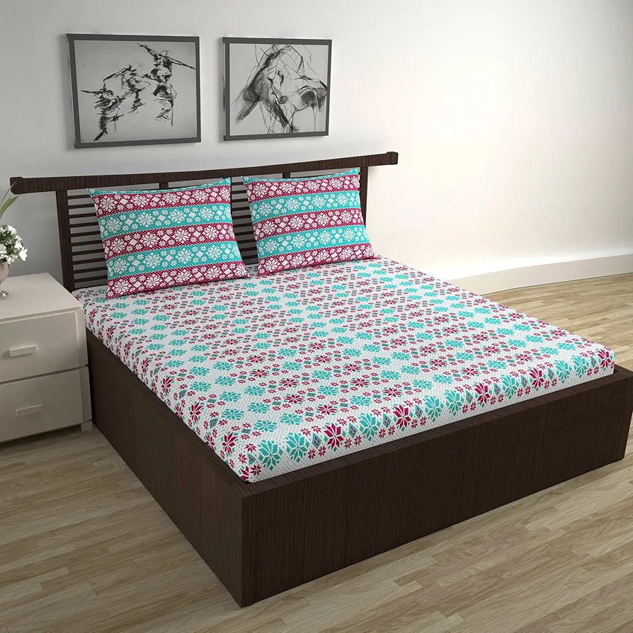 Divine Casa 144 TC Cotton Bedsheet for Double Bed with 2 Pillow Cover Colour Aqua Scarlet