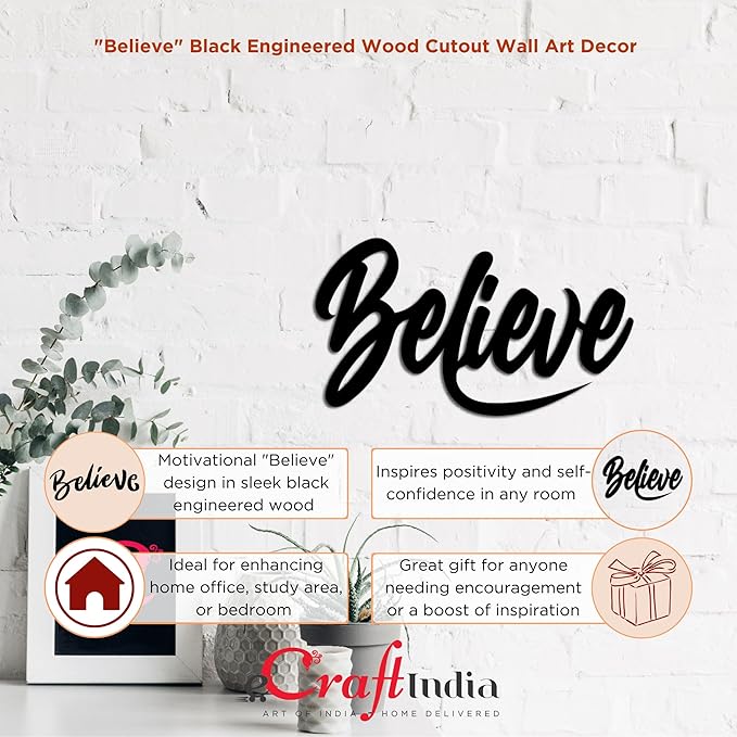 Ecraftindia Believe Black Engineered Wood Cutout Wall Art Decor | Wall Decoration Items | Wooden Wall Decor Item