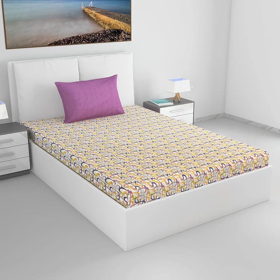 Divine Casa 144 TC 100% Pure Cotton Single Bed Bedsheet with 1 Pillow Cover Wavy Pattern Colour Charcoal Yellow