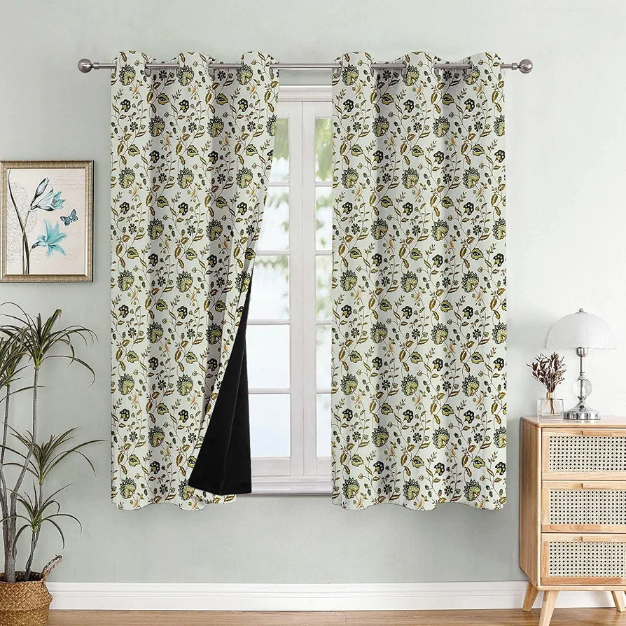 Cloth Fusion Blackout Printed Premium Door Curtains 7 Feet Long Set of 2 Green Flower