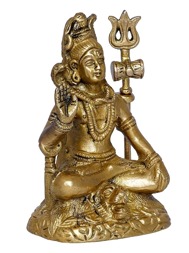 Ecraftindia Golden Brass Handcrafted Blessing Lord Shiva Statue With Trishul, Damru | Hindu God Idol for Puja Room