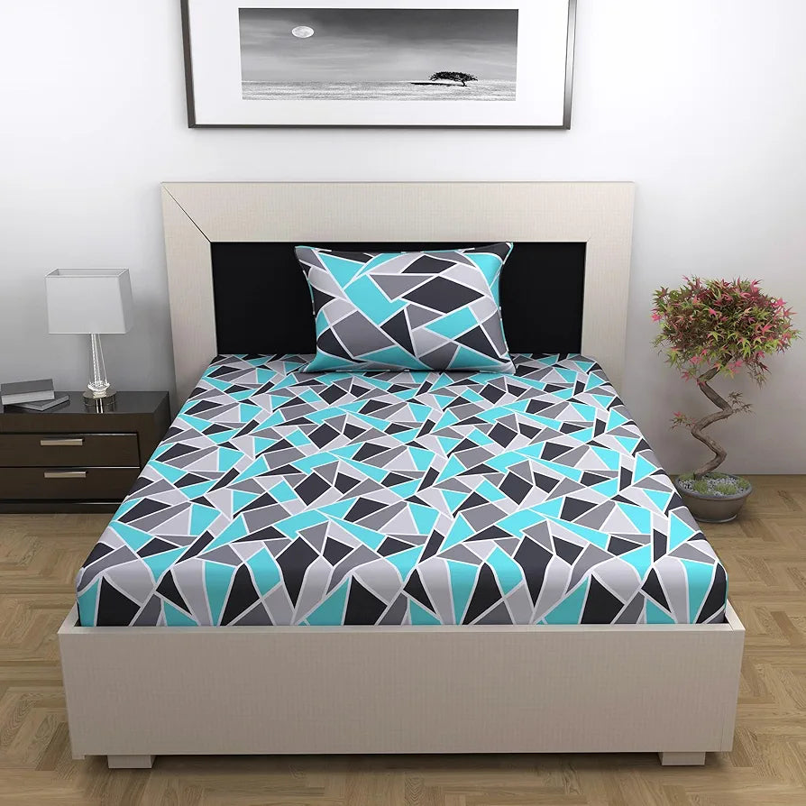 Divine Casa Bedsheet for Single Size Bed 144 TC Cotton Bedsheet for Single Size Bed with 1 Pillow Cover  Geometric Colour Aqua Grey
