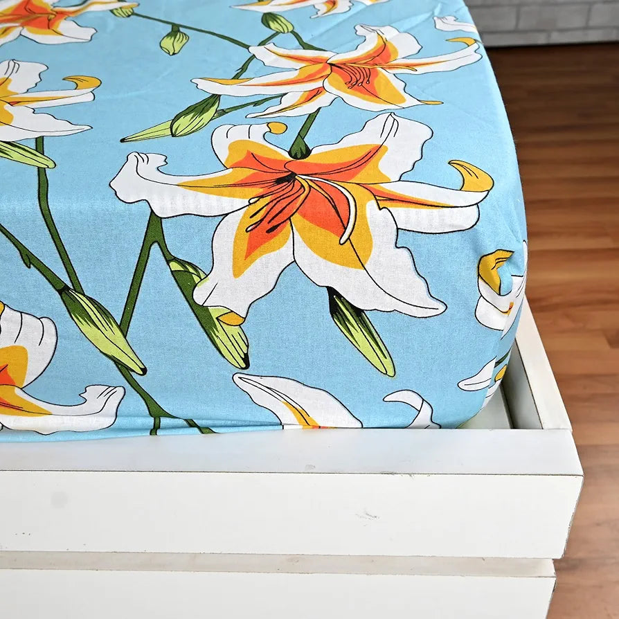 Divine Casa Floret 100% Cotton King Fitted Bedsheet 144 TC Deep Pocket Design Soft & Breathable Fabric Colour Wildflower Charm