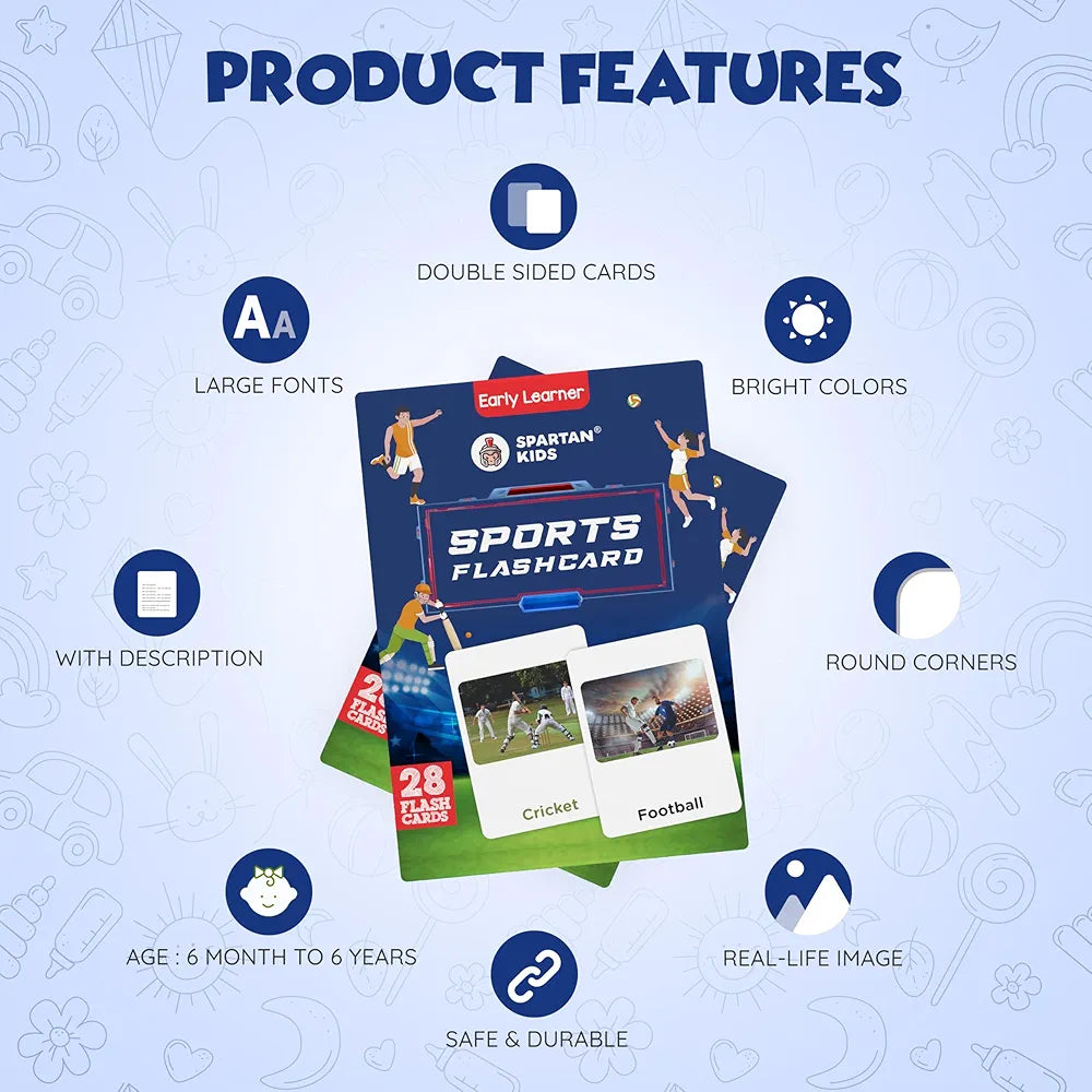 SPARTAN KIDS® Sports Flash Cards for Kids | 28 Early Learning Flash Cards Easy & Fun Way of Learning 1 Year to 6 Years Babies