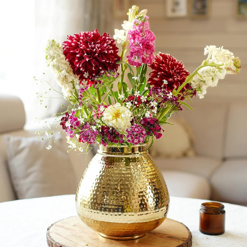 Behoma Matki Shape Metal Flower Vase Hammered Metal Flower Pot Golden Flowers not Included