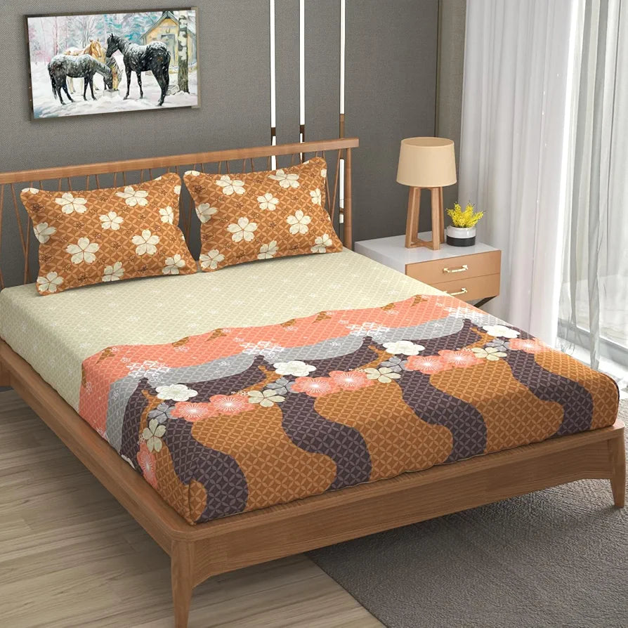 Fresh From Loom Floral Microfiber Cotton Bedsheet 240 TC King Size Soft Bed Cover with 2 Pillow Cover Berry Brown