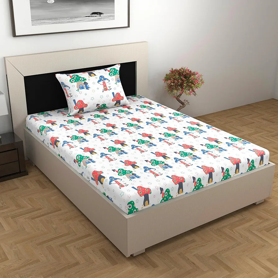 Divine Casa 144 TC 100% Cotton Single Bedsheet with 1 Pillow Cover Abstract Pattern Colour Rosin White