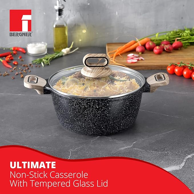 Bergner Ultimate Non Stick Casserole/briyani Pot/handi With Glass Lid | 28 Cm | 6 Litres