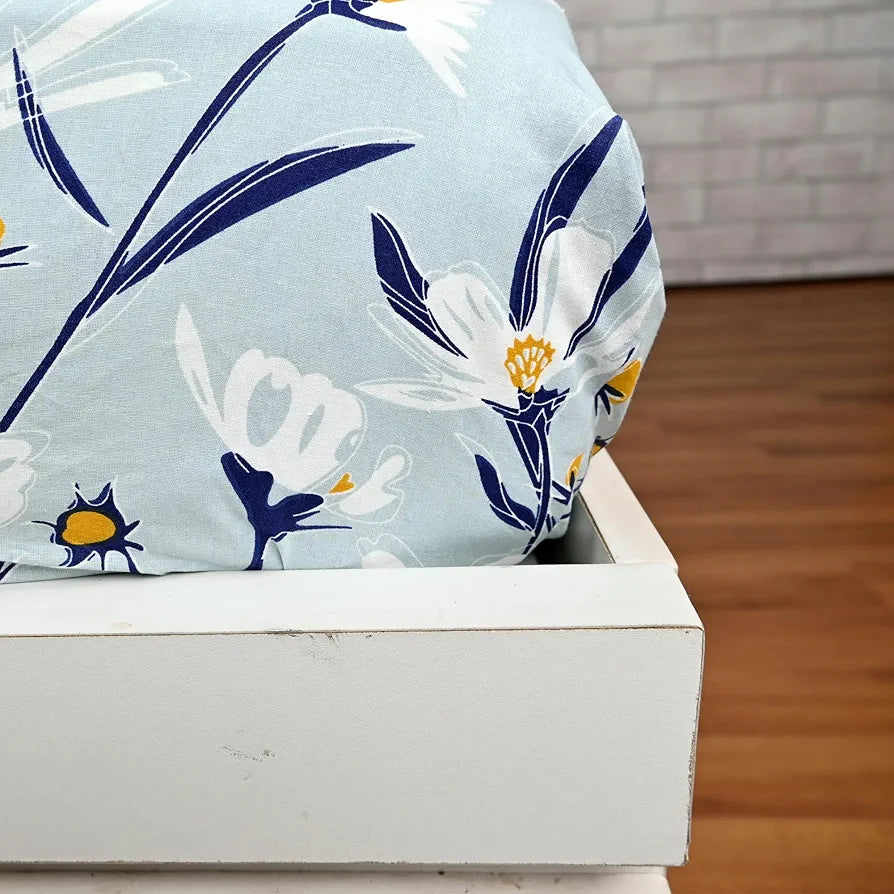 Divine Casa Floret 100% Cotton Double Fitted Bedsheet 144 TC Colour Water Orchid