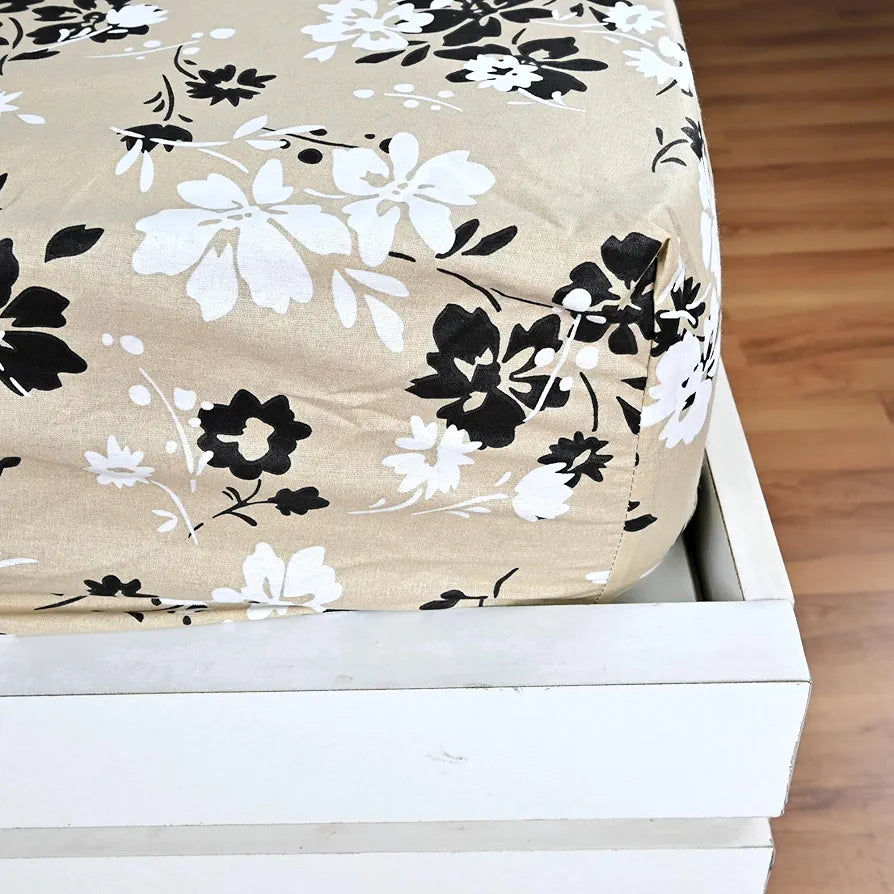 Divine Casa Floret 100% Cotton King Fitted Bedsheet 144 TC Deep Pocket Design Soft & Breathable Fabric Colour Ivory Sunflowers